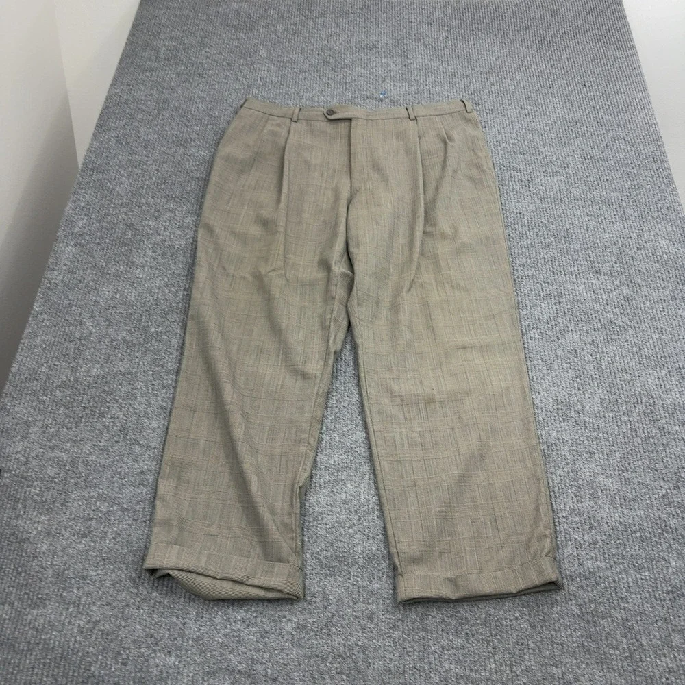 Jos A Bank Dress Pants Mens 40 Brown Wool Plaid Pleated Cuffed Trousers Classic